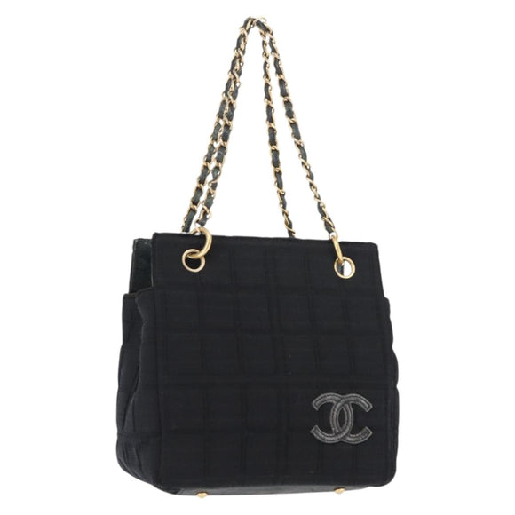 CHANEL Chain Choco Bar Line Hand Bag Canvas Black Gold CC Auth 147415