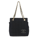 CHANEL Chain Choco Bar Line Hand Bag Canvas Black Gold CC Auth 147415-13