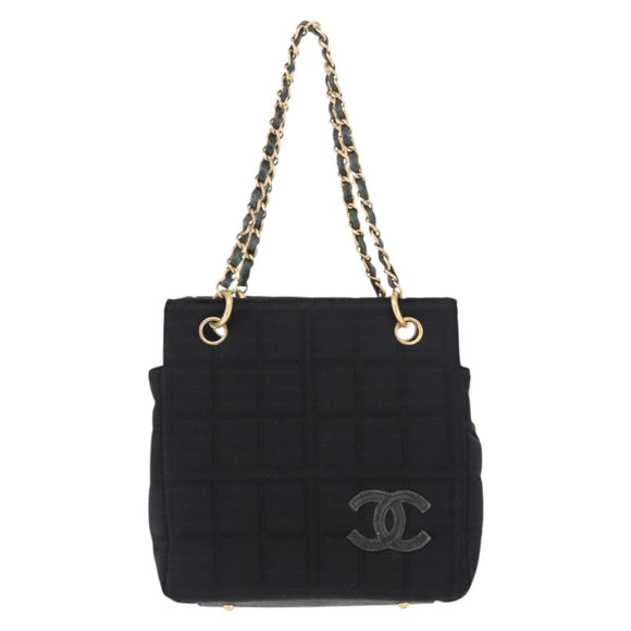CHANEL Chain Choco Bar Line Hand Bag Canvas Black Gold CC Auth 147415