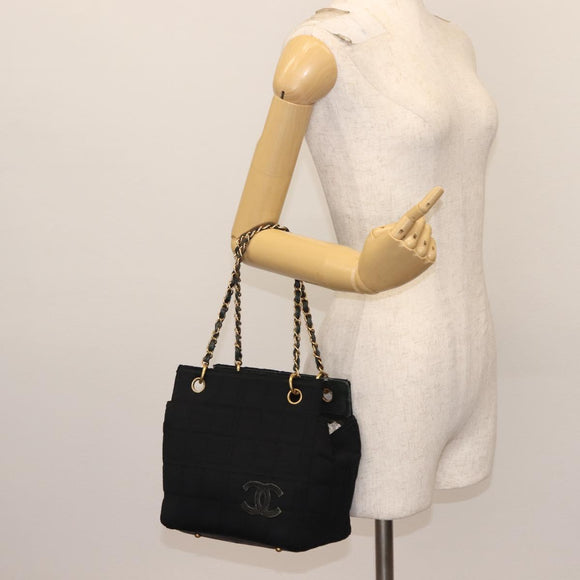 CHANEL Chain Choco Bar Line Hand Bag Canvas Black Gold CC Auth 147415