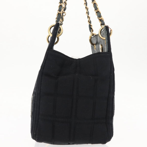 CHANEL Chain Choco Bar Line Hand Bag Canvas Black Gold CC Auth 147415