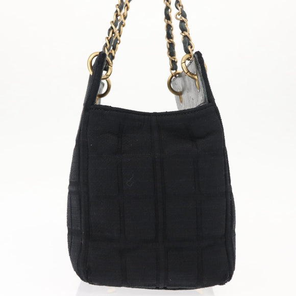 CHANEL Chain Choco Bar Line Hand Bag Canvas Black Gold CC Auth 147415
