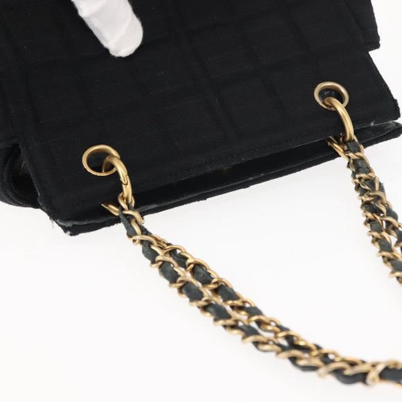 CHANEL Chain Choco Bar Line Hand Bag Canvas Black Gold CC Auth 147415