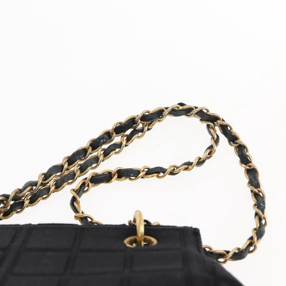 CHANEL Chain Choco Bar Line Hand Bag Canvas Black Gold CC Auth 147415