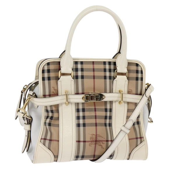 BURBERRY Nova Check Tote Bag PVC Leather 2way Beige Gold Auth 147477