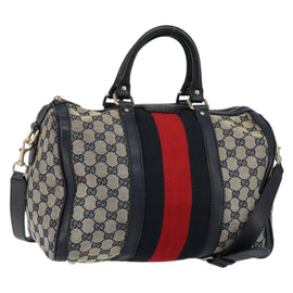 GUCCI GG Canvas Sherry Line Boston Bag 2way Navy Gold 247205 Auth 147483