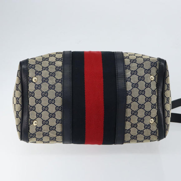 GUCCI GG Canvas Sherry Line Boston Bag 2way Navy Gold 247205 Auth 147483