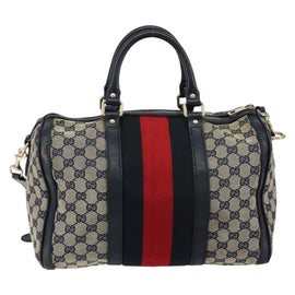 GUCCI GG Canvas Sherry Line Boston Bag 2way Navy Gold 247205 Auth 147483 - 0