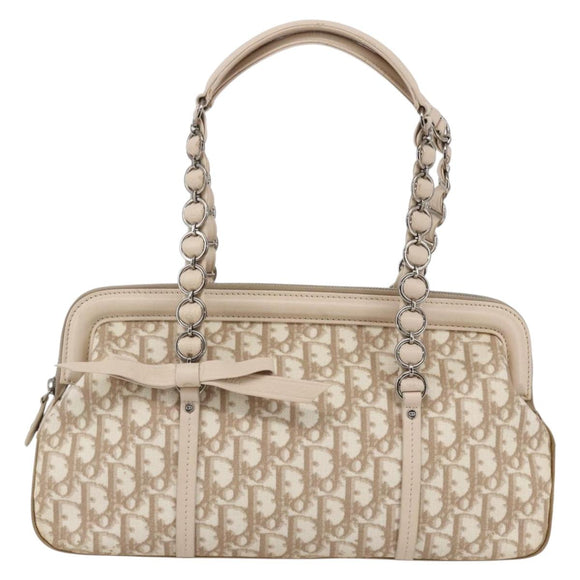 Christian Dior Trotter Canvas Romantic Tote Bag PVC Beige Silver Auth 147501