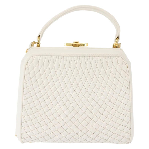 BALLY Hand Bag Leather 2way White Gold Auth 147505