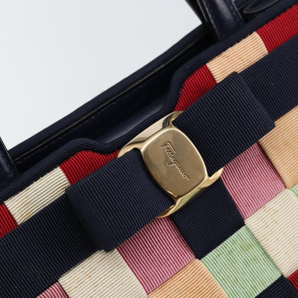 Salvatore Ferragamo Vala Hand Bag Nylon Navy Gold Auth 147506