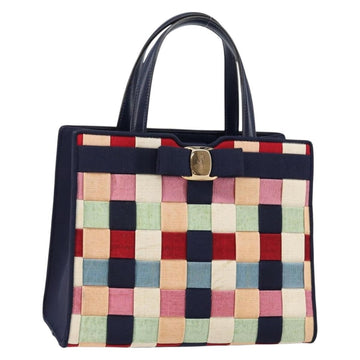 Salvatore Ferragamo Vala Hand Bag Nylon Navy Gold Auth 147506