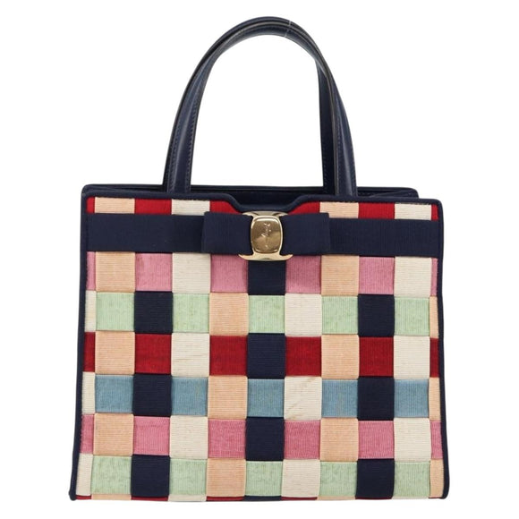 Salvatore Ferragamo Vala Hand Bag Nylon Navy Gold Auth 147506