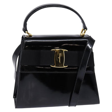 Salvatore Ferragamo Vala Hand Bag Enamel 2way Black Gold Auth 147507