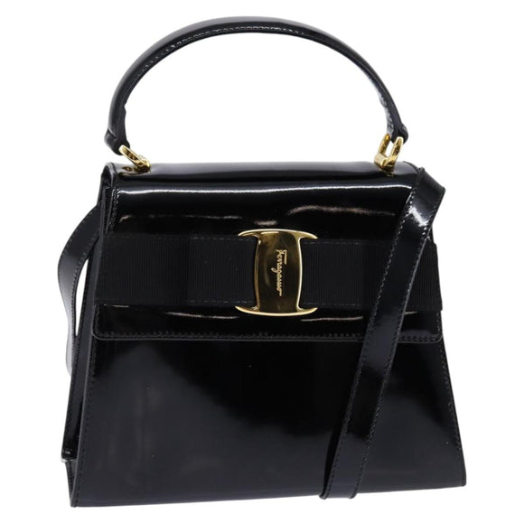 Salvatore Ferragamo Vala Hand Bag Enamel 2way Black Gold Auth 147507