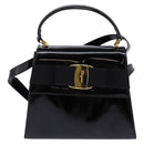Salvatore Ferragamo Vala Hand Bag Enamel 2way Black Gold Auth 147507-13