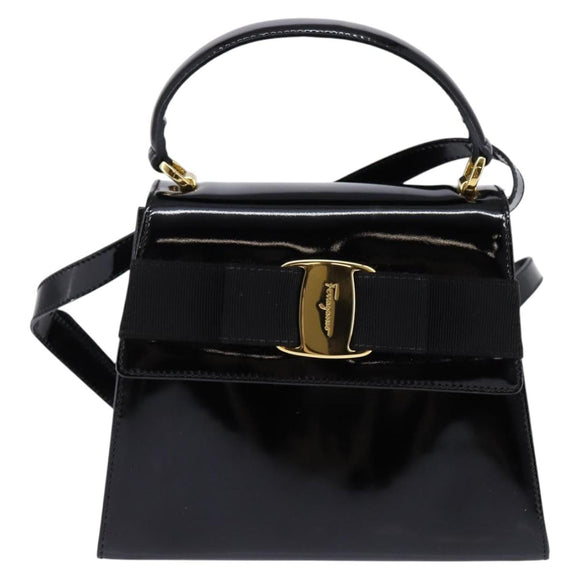 Salvatore Ferragamo Vala Hand Bag Enamel 2way Black Gold Auth 147507