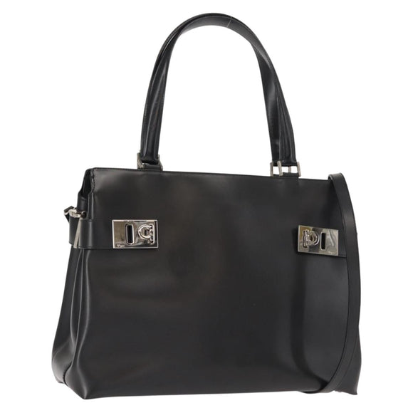 Salvatore Ferragamo Gancini Hand Bag Leather 2way Black Silver Auth 147509