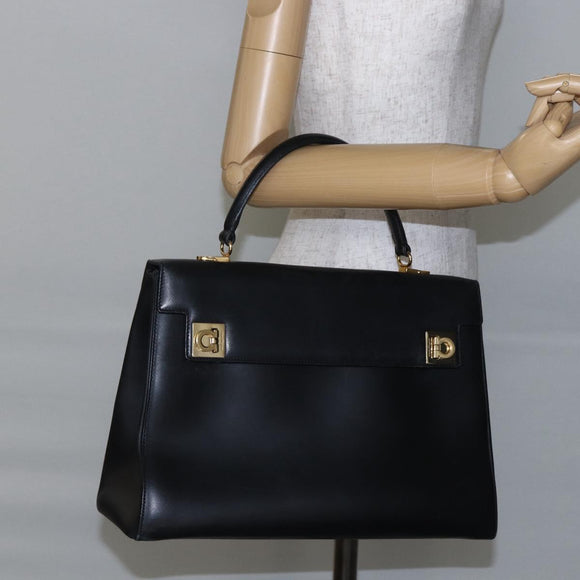 Salvatore Ferragamo Gancini Hand Bag Leather 2way Black Gold Auth 147510