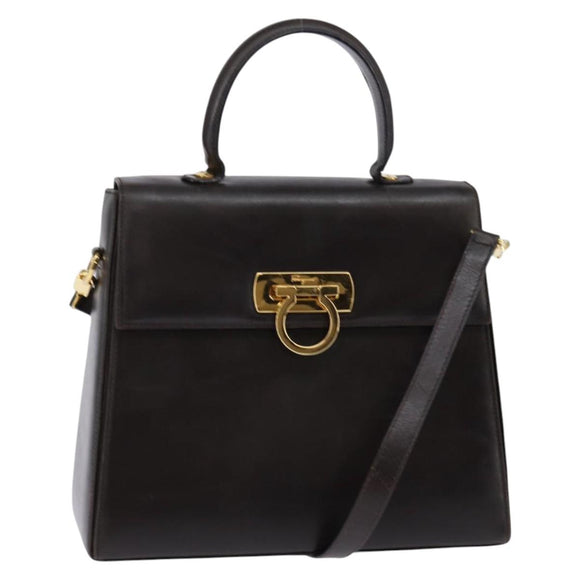 Salvatore Ferragamo Gancini Hand Bag Leather 2way Brown Gold Auth 147511