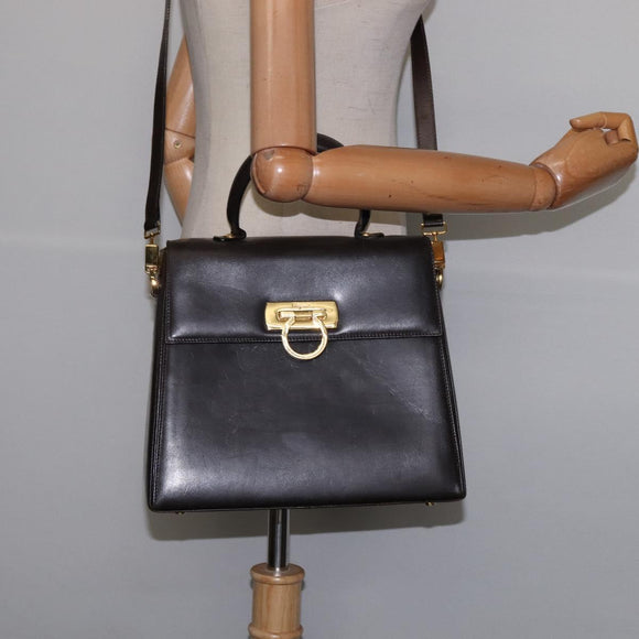 Salvatore Ferragamo Gancini Hand Bag Leather 2way Brown Gold Auth 147511