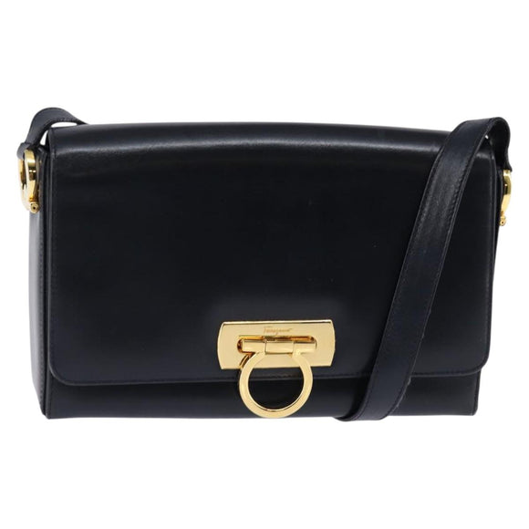 Salvatore Ferragamo Gancini Chain Shoulder Bag Leather Navy Gold Auth 147512