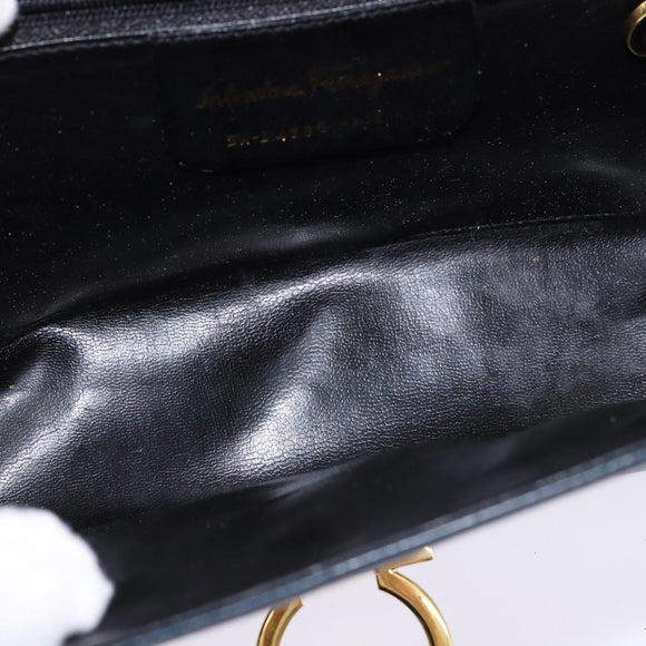 Salvatore Ferragamo Gancini Chain Shoulder Bag Leather Navy Gold Auth 147512