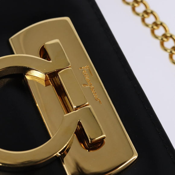 Salvatore Ferragamo Gancini Chain Hand Bag Leather Black Gold Auth 147513