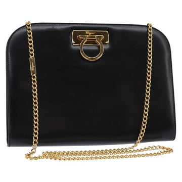 Salvatore Ferragamo Gancini Chain Hand Bag Leather Black Gold Auth 147513