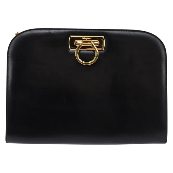 Salvatore Ferragamo Gancini Chain Hand Bag Leather Black Gold Auth 147513