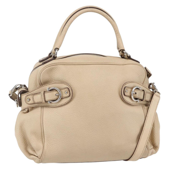 Salvatore Ferragamo Gancini Hand Bag Leather 2way Beige Silver Auth 147517