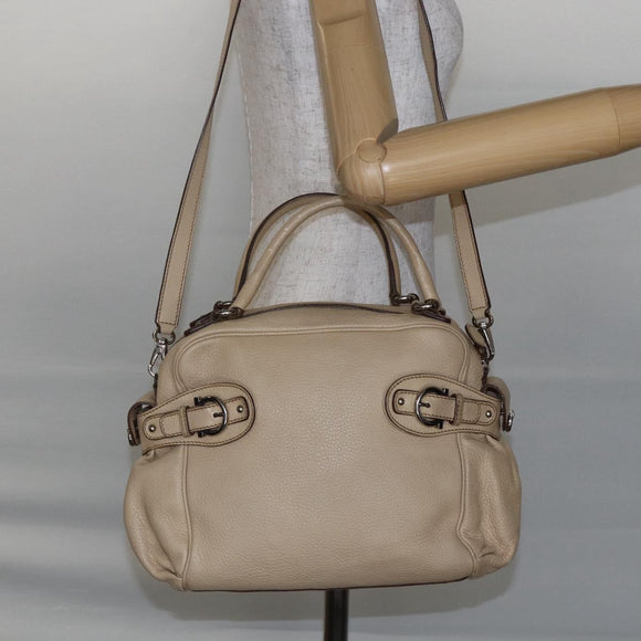 Salvatore Ferragamo Gancini Hand Bag Leather 2way Beige Silver Auth 147517
