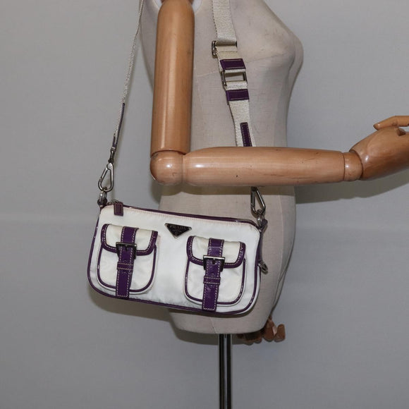 PRADA Shoulder Bag Nylon Enamel White Silver Auth 147522