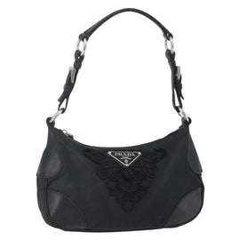 PRADA Shoulder Bag Nylon Leather Beige Silver Auth 147523