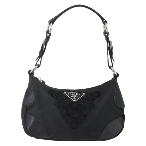 PRADA Shoulder Bag Nylon Leather Beige Silver Auth 147523