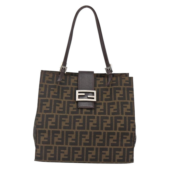 FENDI Zucca Canvas Mamma Baguette Tote Bag Black Brown Auth 147540