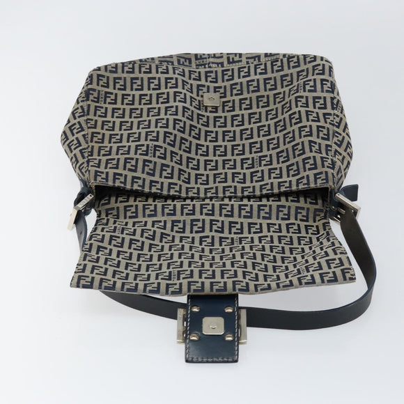 FENDI Zucchino Canvas Mamma Baguette Tote Bag Navy Silver Auth 147547