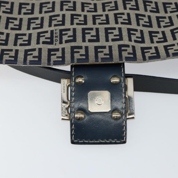 FENDI Zucchino Canvas Mamma Baguette Tote Bag Navy Silver Auth 147547
