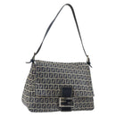 FENDI Zucchino Canvas Mamma Baguette Tote Bag Navy Silver Auth 147547-1