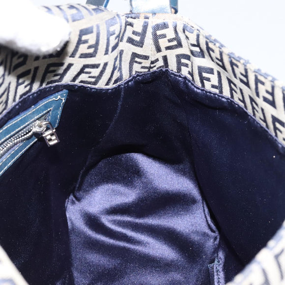 FENDI Zucchino Canvas Mamma Baguette Tote Bag Navy Silver Auth 147547