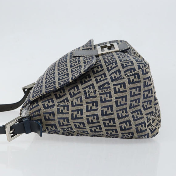 FENDI Zucchino Canvas Mamma Baguette Tote Bag Navy Silver Auth 147547