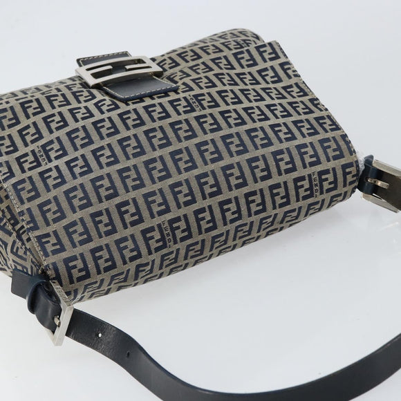 FENDI Zucchino Canvas Mamma Baguette Tote Bag Navy Silver Auth 147547