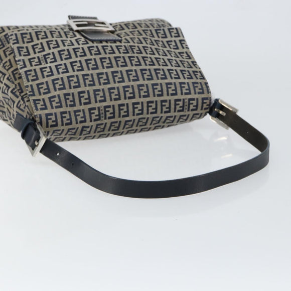 FENDI Zucchino Canvas Mamma Baguette Tote Bag Navy Silver Auth 147547