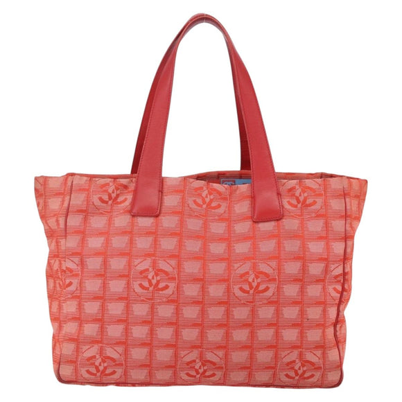 CHANEL New Travel Line Tote Bag Nylon Red Silver CC Auth 147552
