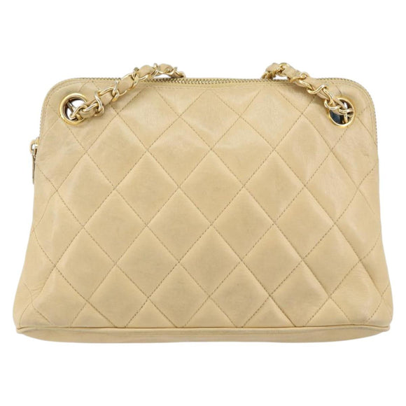 CHANEL Matelasse Chain Shoulder Bag Lamb Skin Beige Gold CC Auth 147554