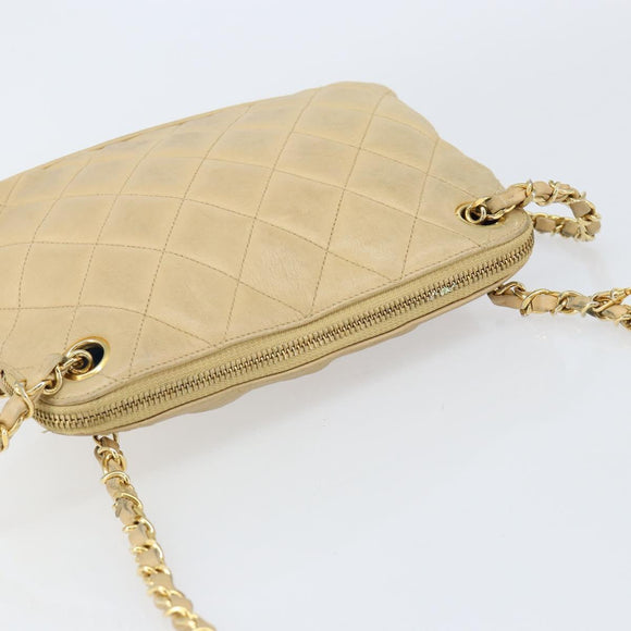 CHANEL Matelasse Chain Shoulder Bag Lamb Skin Beige Gold CC Auth 147554
