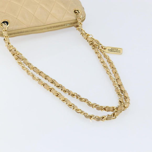 CHANEL Matelasse Chain Shoulder Bag Lamb Skin Beige Gold CC Auth 147554