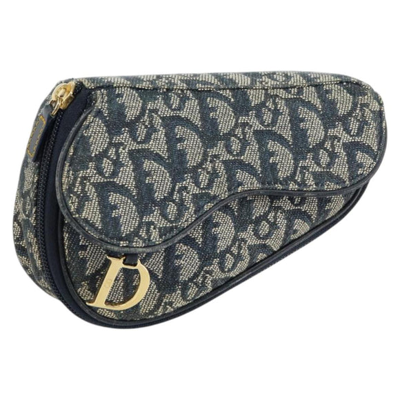 Christian Dior Trotter Canvas Satteltasche Blau Gold Auth 147560