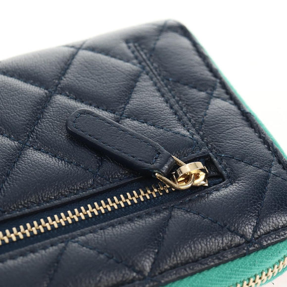 CHANEL Matelasse Cruise Line Long Wallet Navy Gold CC Auth 147564V