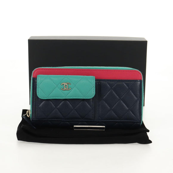 CHANEL Matelasse Cruise Line Long Wallet Navy Gold CC Auth 147564V